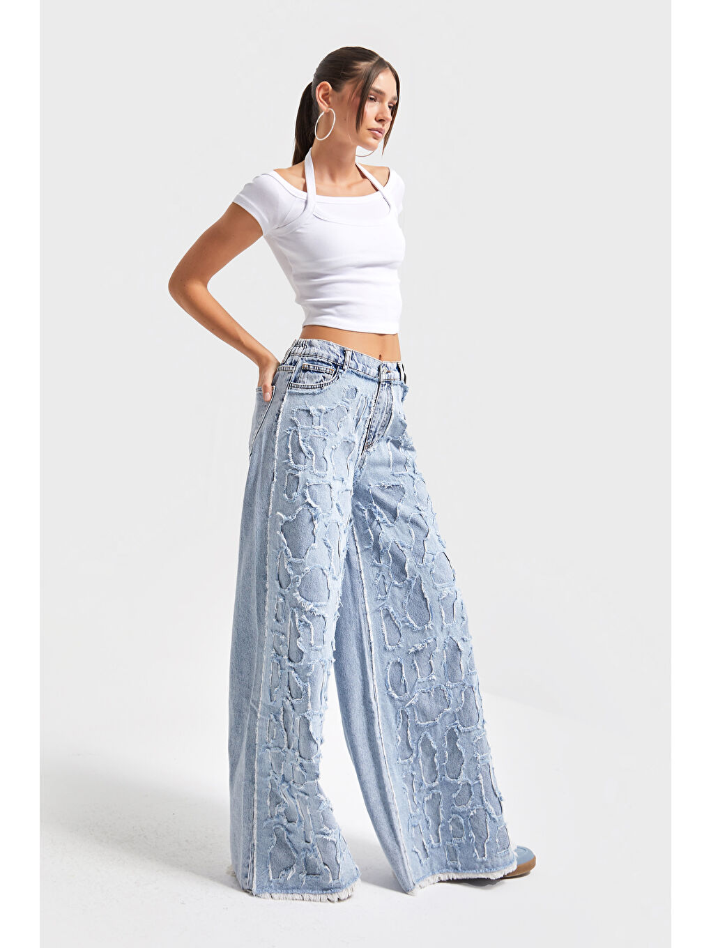 Mavi Kadın Ice Jean Rengi Yıpratma Detaylı Kumaş Özel Tasarım Palazzo Fit %100 Pamuk Denim Jean