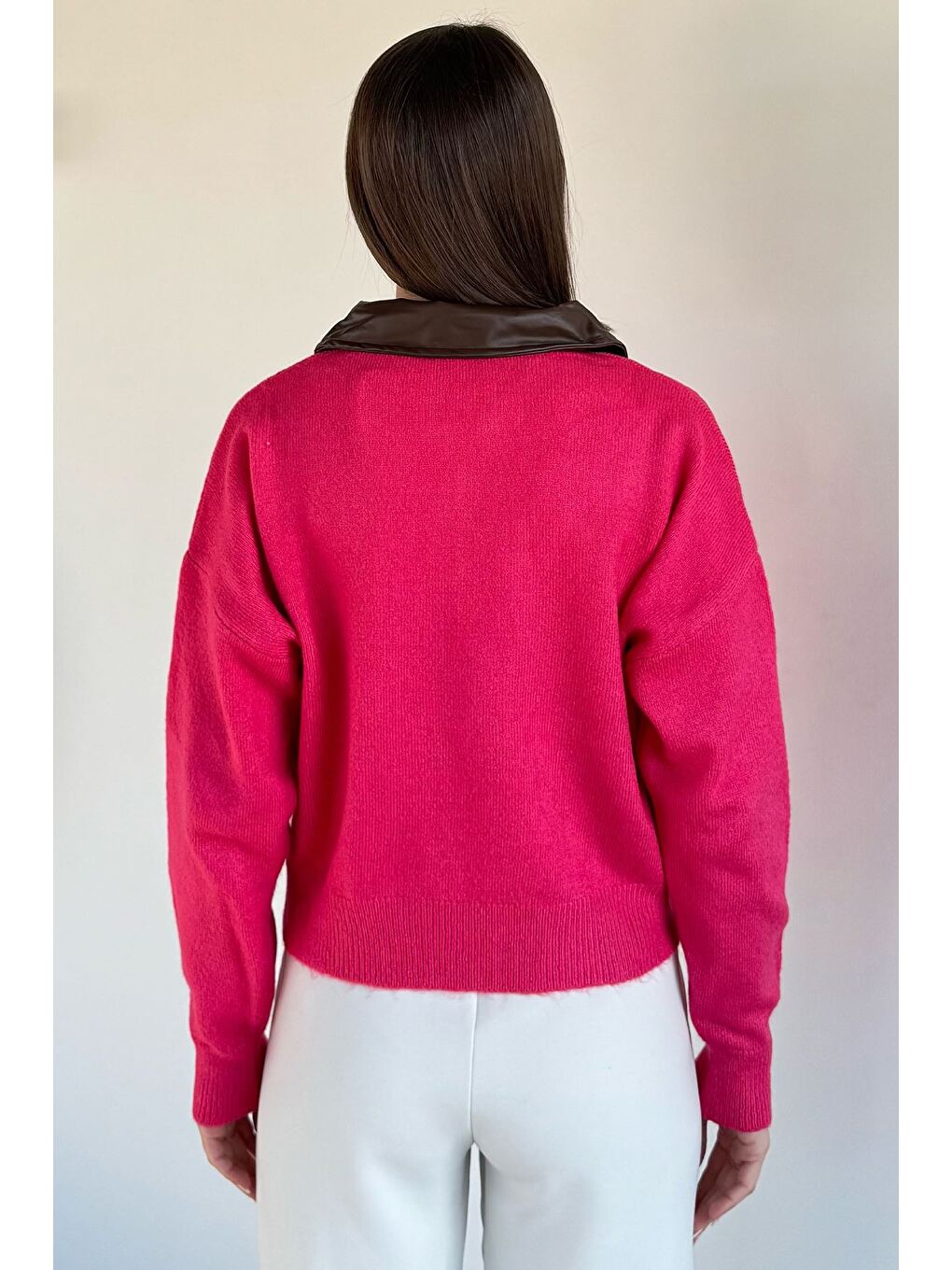 Pembe Kadın Polo Yaka Deri Garnili Fermuarlı Triko Hırka (s-m-l Beden Uyumludur.)-3