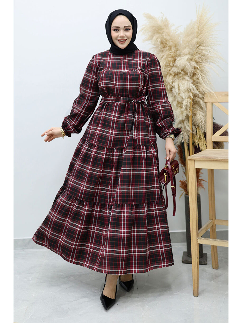 Robalı Ekose Elbise TSD260134 Bordo-2