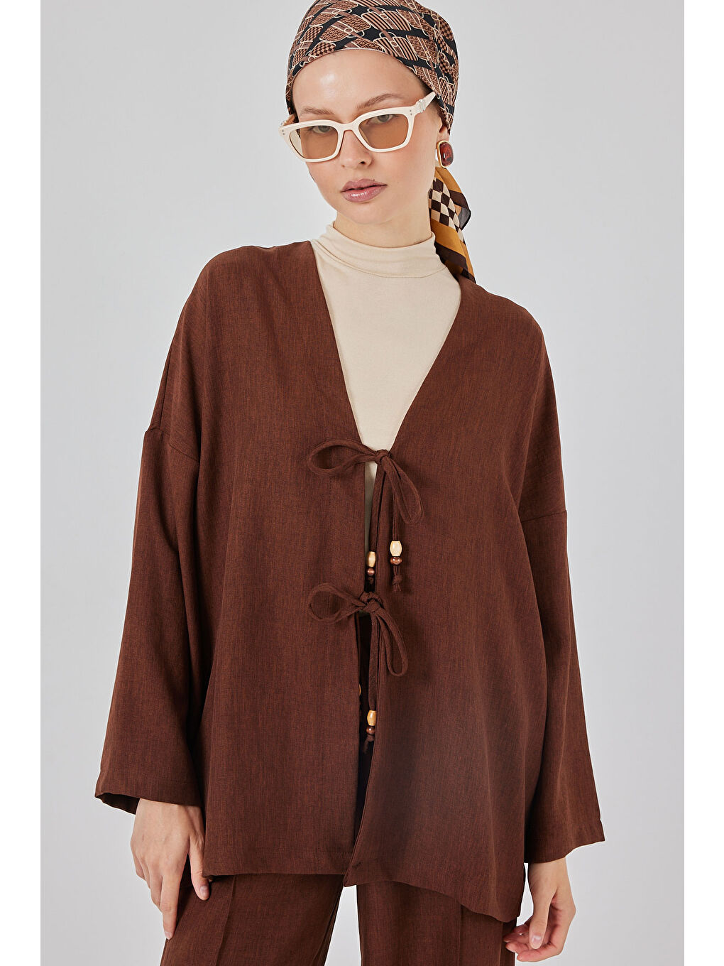 Kadın Keten Kimono İkili Takım 6727 - Kahverengi-1