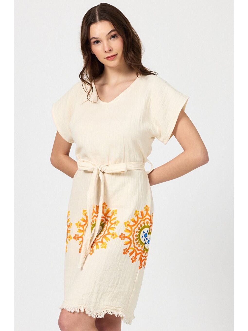 Sarı Müslin Kadın Plaj Elbisesi Kolsuz %100 Pamuk-2