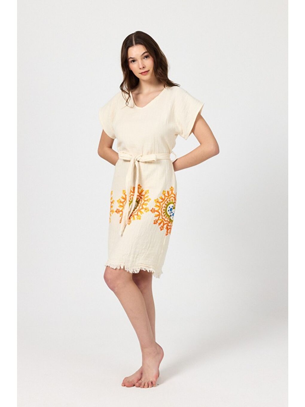 Sarı Müslin Kadın Plaj Elbisesi Kolsuz %100 Pamuk-3