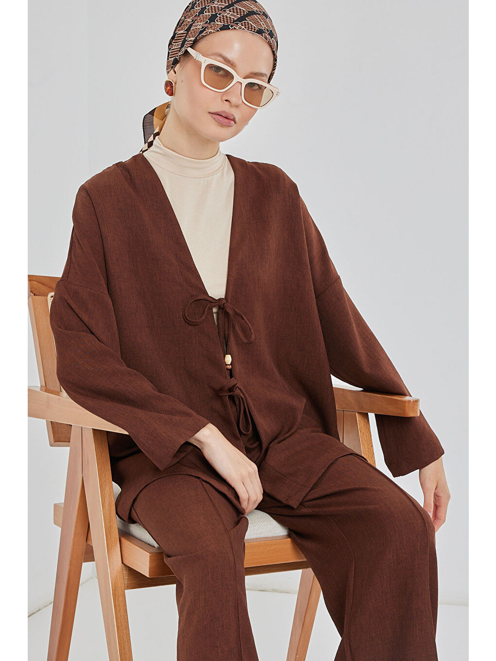 Kadın Keten Kimono İkili Takım 6727 - Kahverengi-2