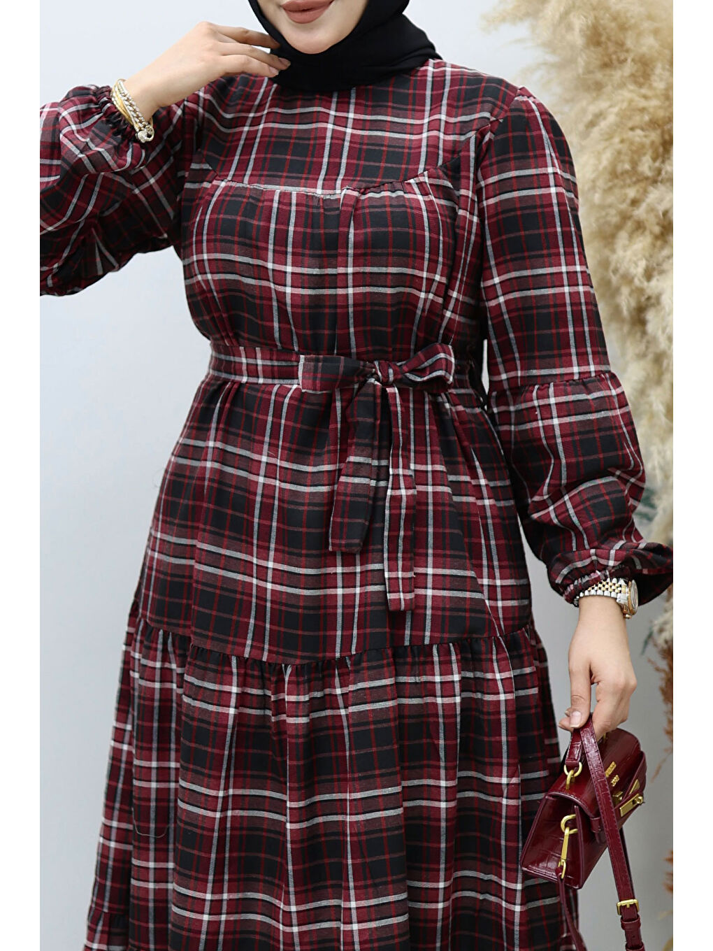 Robalı Ekose Elbise TSD260134 Bordo-3