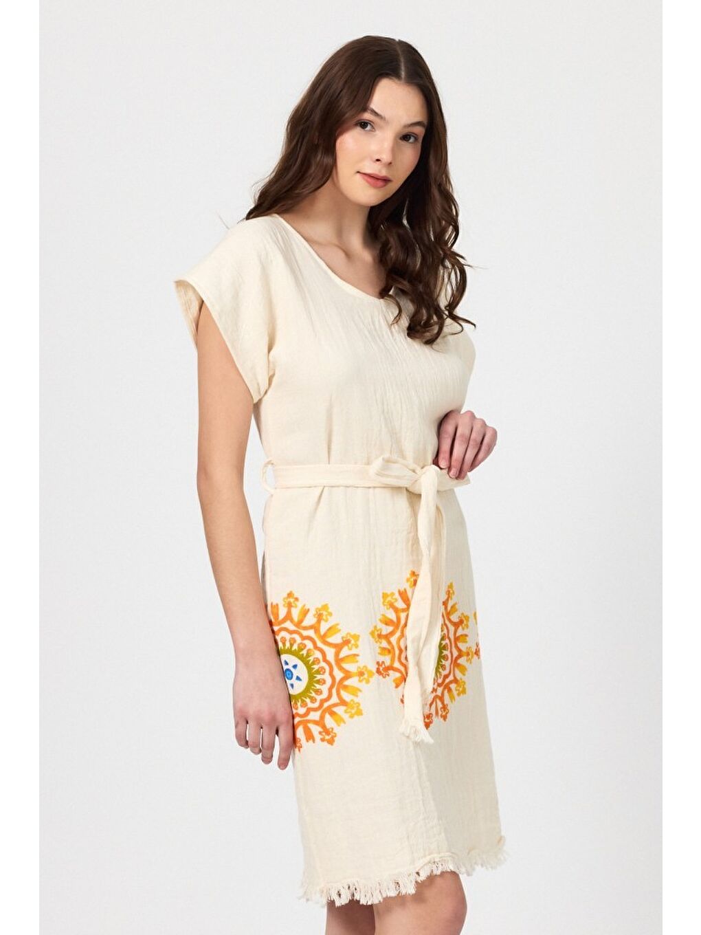 Sarı Müslin Kadın Plaj Elbisesi Kolsuz %100 Pamuk-4