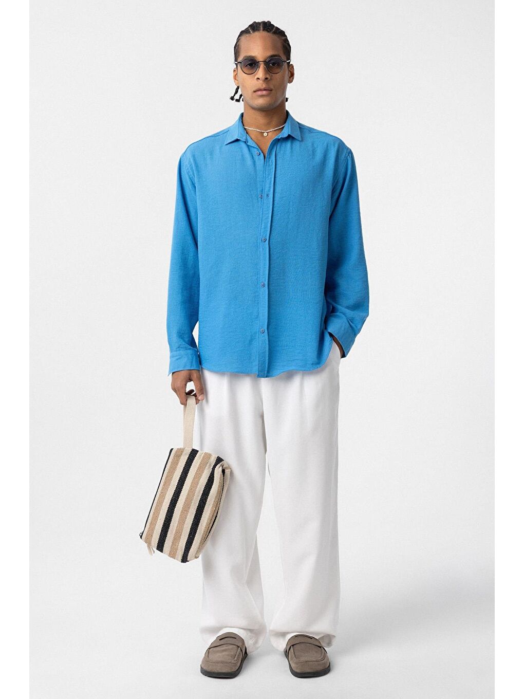 Basic Oversize Uzun Kol Keten Görünümlü Gömlek Turkuaz