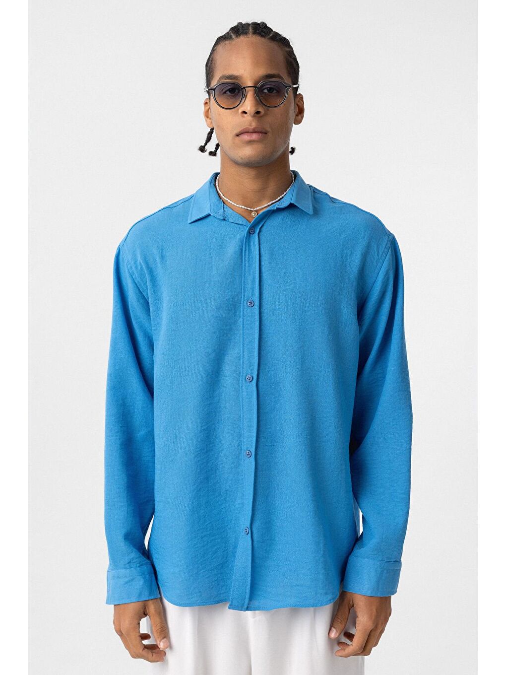 Basic Oversize Uzun Kol Keten Görünümlü Gömlek Turkuaz-1