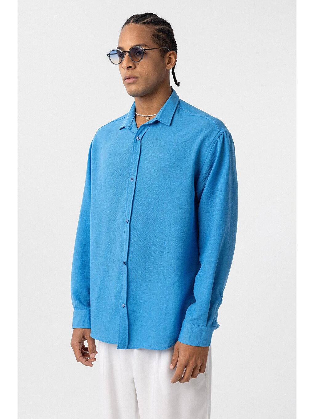 Basic Oversize Uzun Kol Keten Görünümlü Gömlek Turkuaz-2