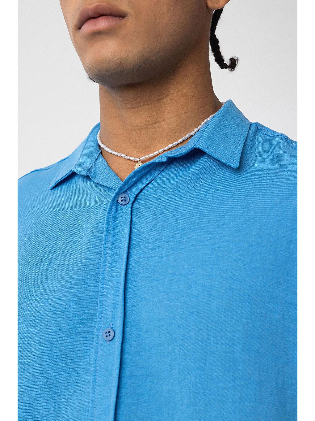 Basic Oversize Uzun Kol Keten Görünümlü Gömlek Turkuaz-3