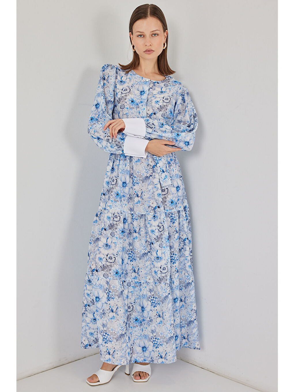 Kadın Kuşaklı Uzun Elbise 2584 - Mavi-3