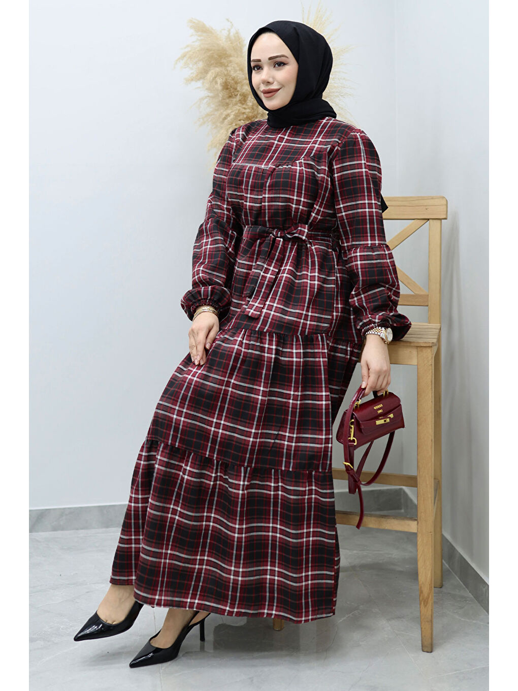 Robalı Ekose Elbise TSD260134 Bordo-4