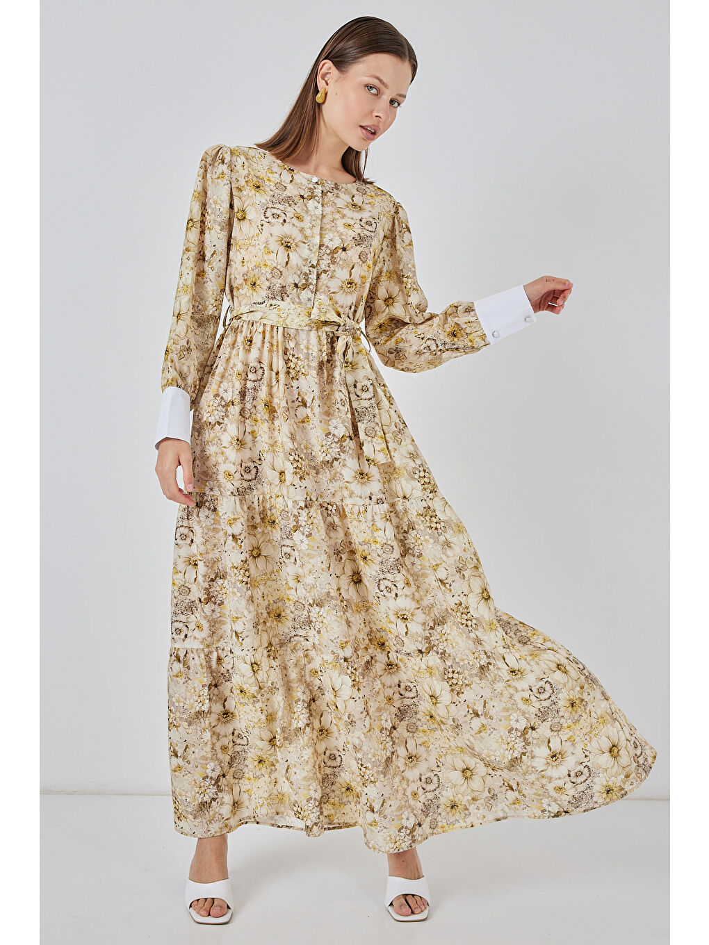 Kadın Kuşaklı Uzun Elbise 2584 - B.Sarı-1