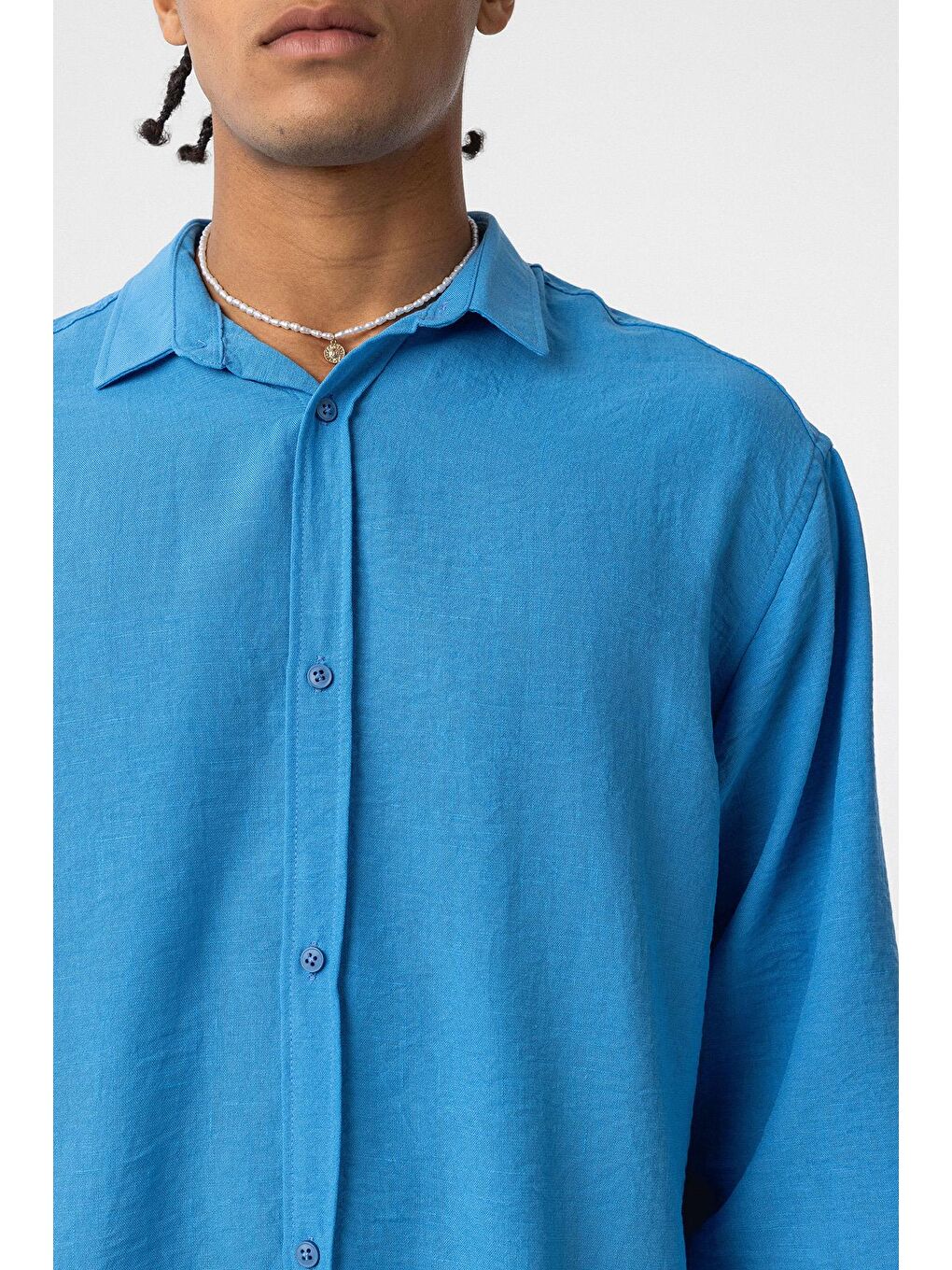 Basic Oversize Uzun Kol Keten Görünümlü Gömlek Turkuaz-4