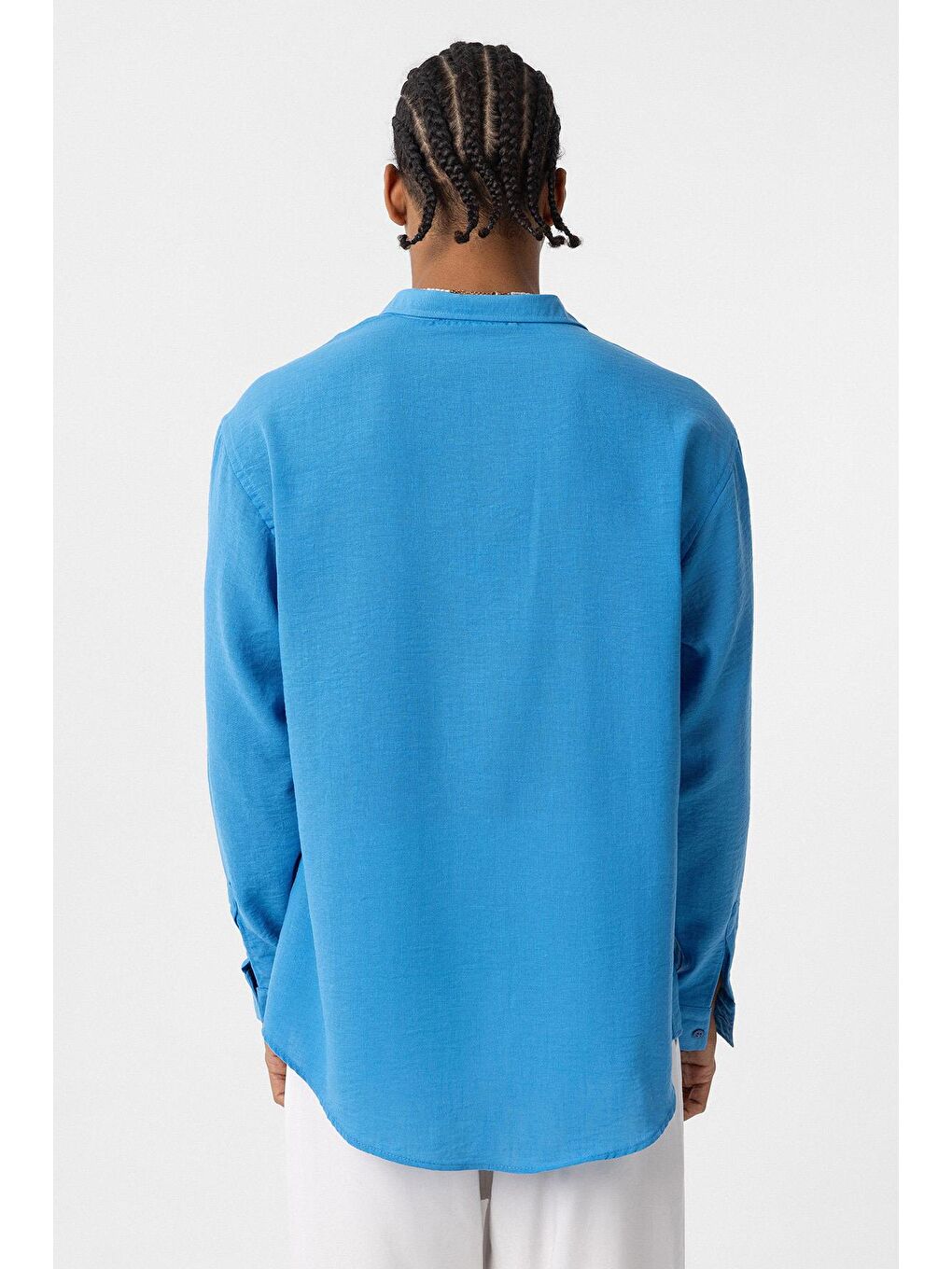 Basic Oversize Uzun Kol Keten Görünümlü Gömlek Turkuaz-5