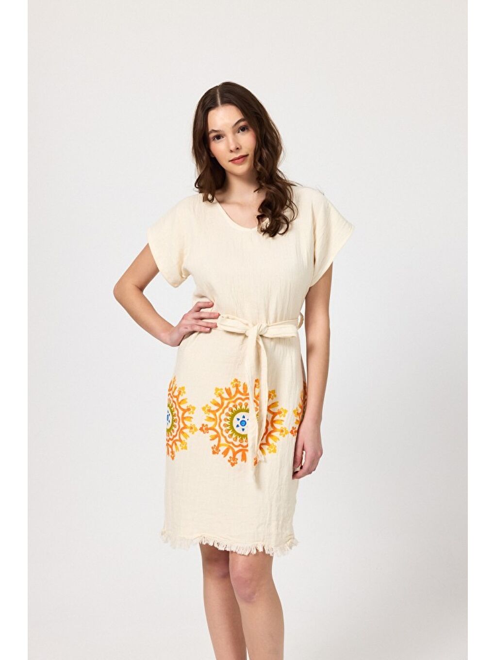 Sarı Müslin Kadın Plaj Elbisesi Kolsuz %100 Pamuk-6