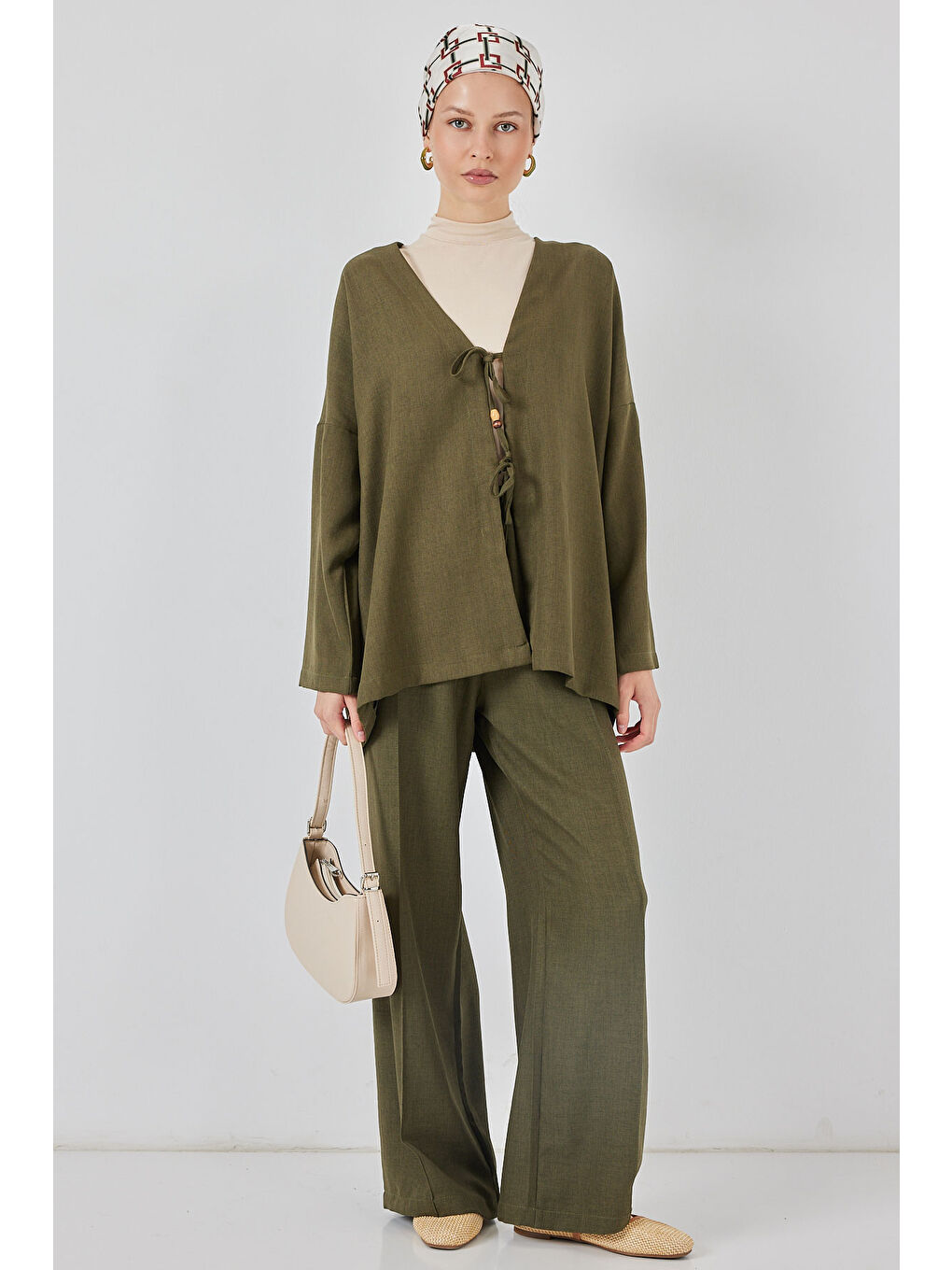 Kadın Keten Kimono İkili Takım 6727 - Haki-4