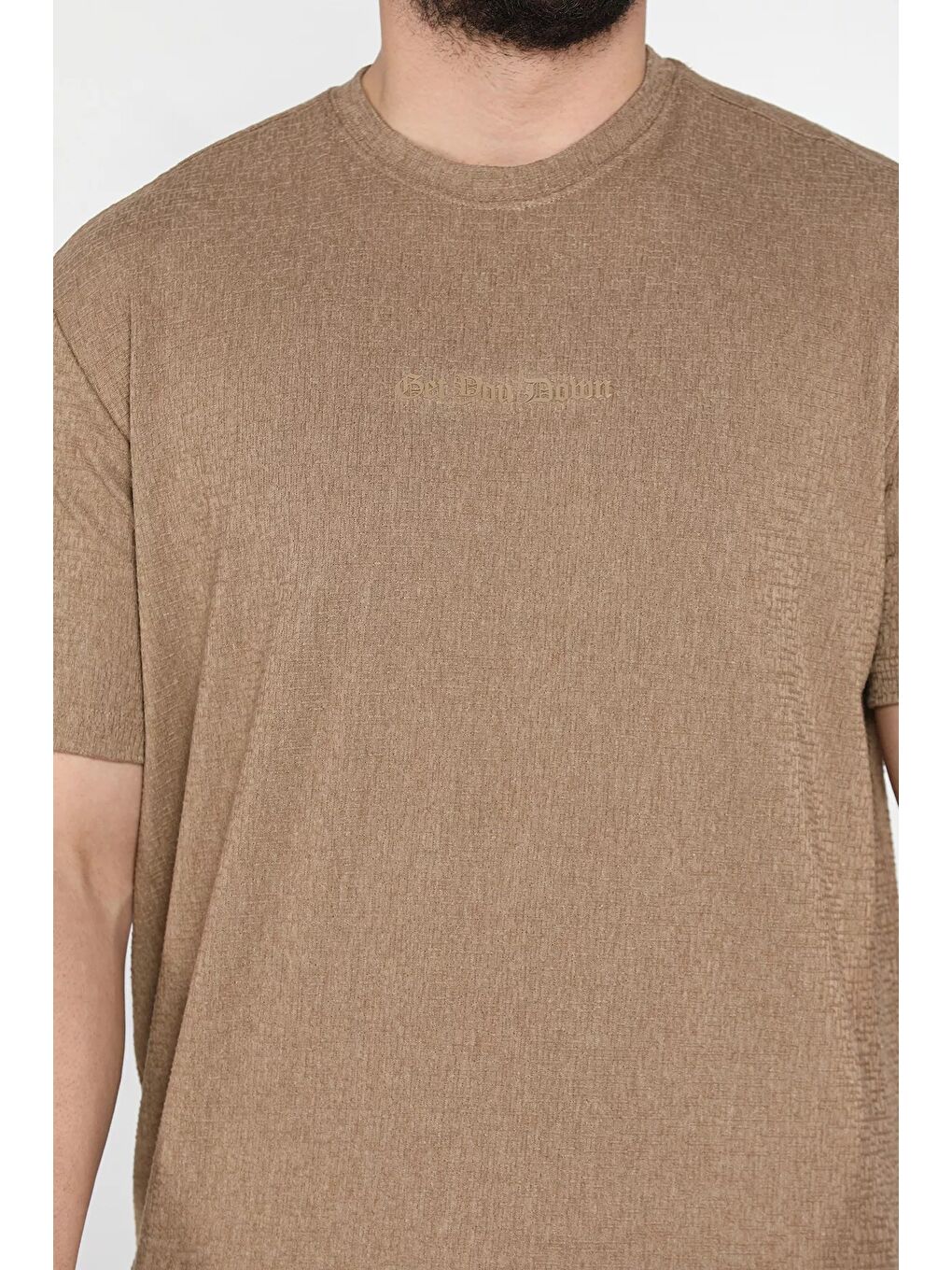 Bej Bisiklet Yaka Kendinden Desenli Erkek Tişört-3