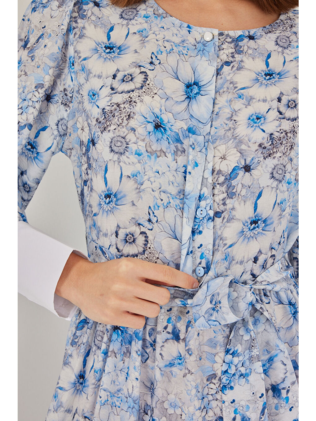 Kadın Kuşaklı Uzun Elbise 2584 - Mavi-4