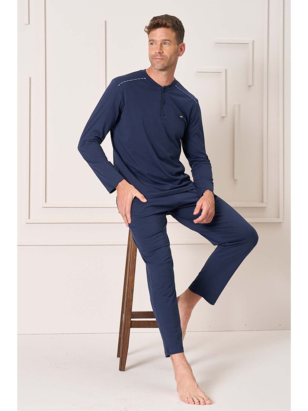 Erkek Pamuk Uzun Kol Pijama Takımı 4101 Lacivert01-3