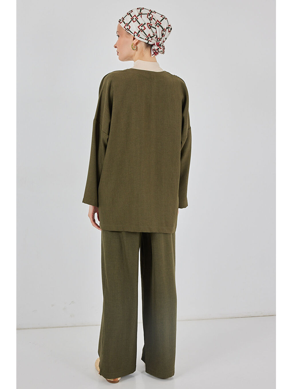 Kadın Keten Kimono İkili Takım 6727 - Haki-5