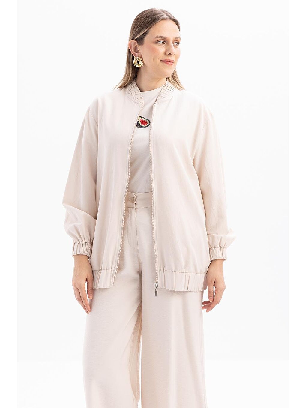 Bej Taş-Fermuarlı Ceket