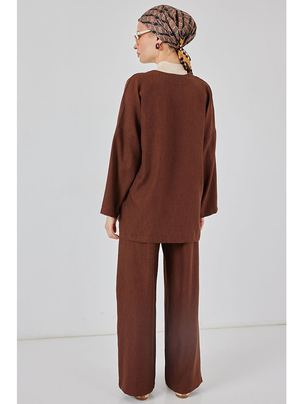 Kadın Keten Kimono İkili Takım 6727 - Kahverengi-5