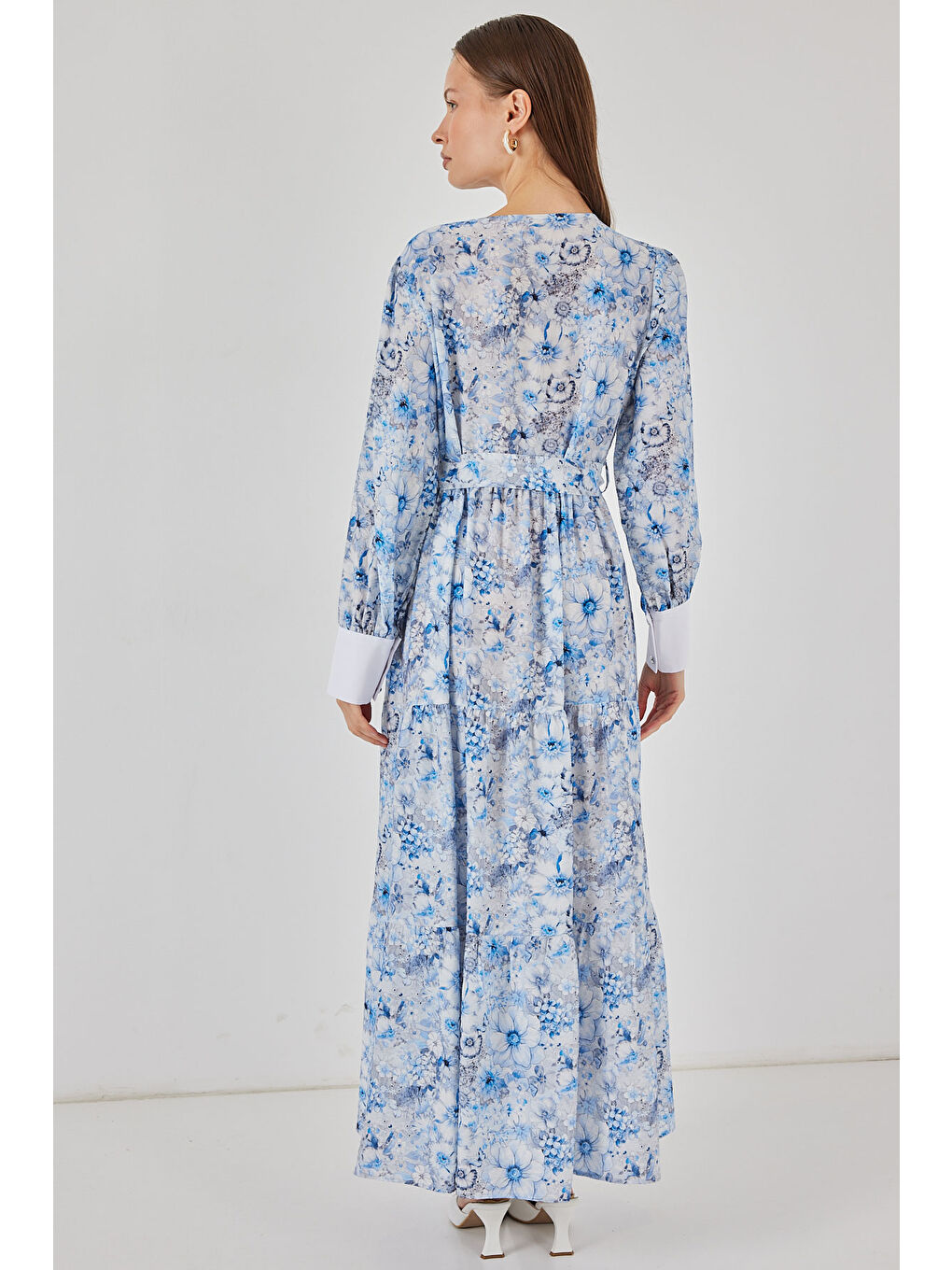 Kadın Kuşaklı Uzun Elbise 2584 - Mavi-5