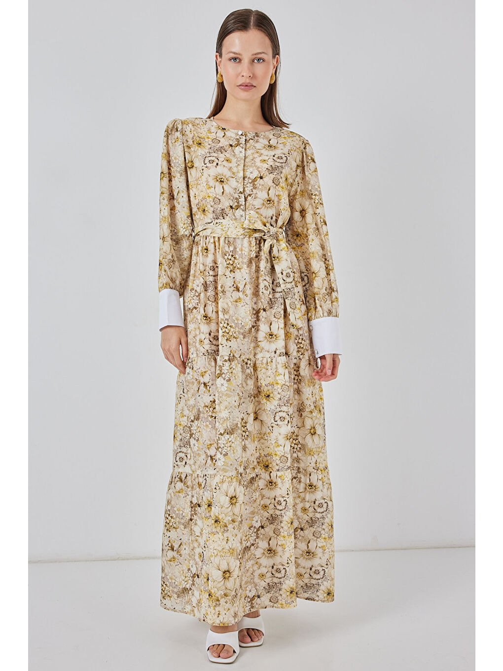 Kadın Kuşaklı Uzun Elbise 2584 - B.Sarı-3