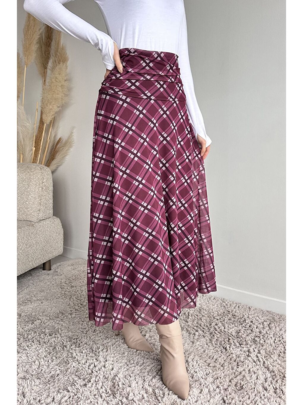 Bordo Bel Büzgü Detaylı Desenli Tesettür Kiloş Etek-1