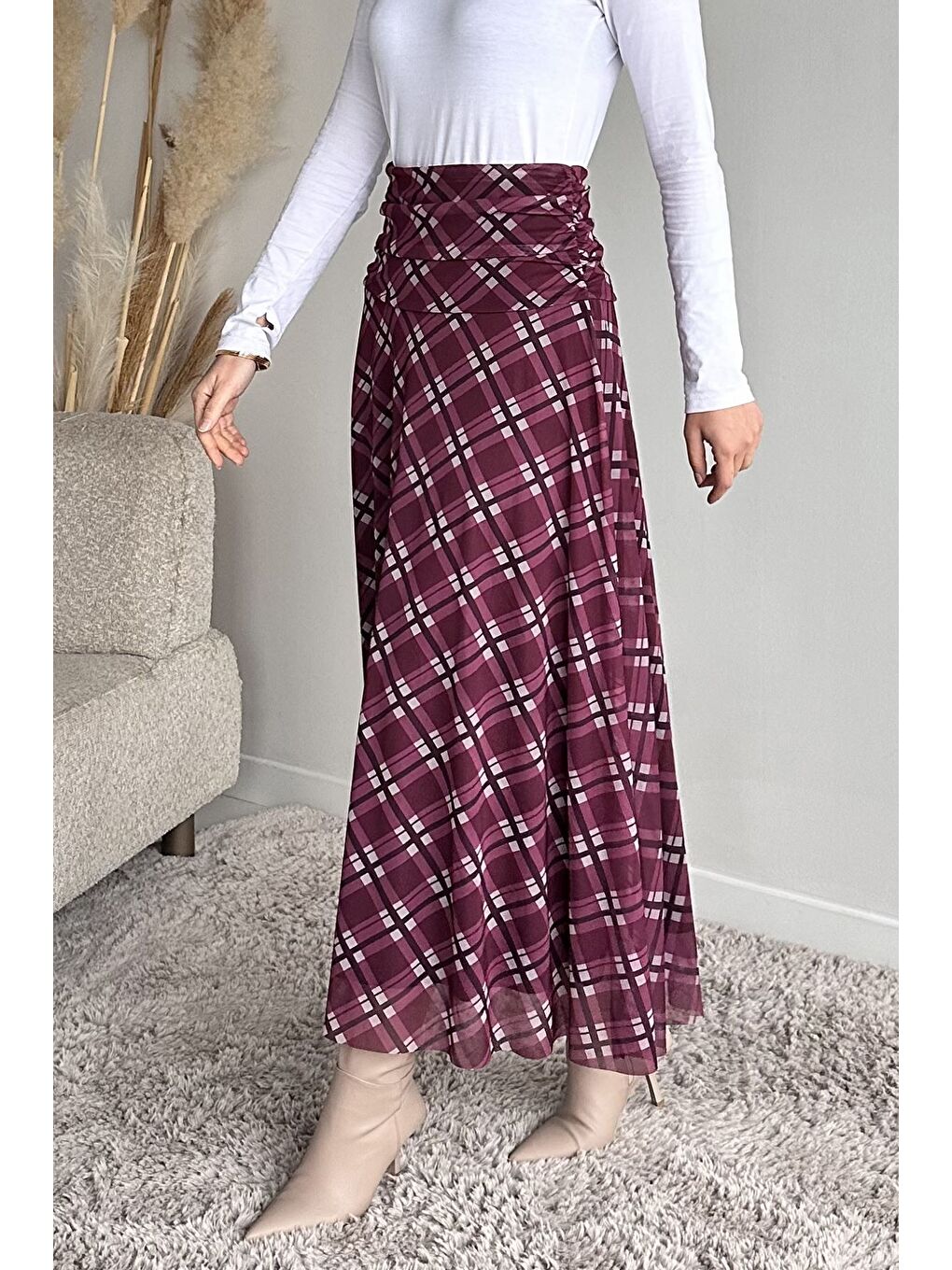 Bordo Bel Büzgü Detaylı Desenli Tesettür Kiloş Etek-2