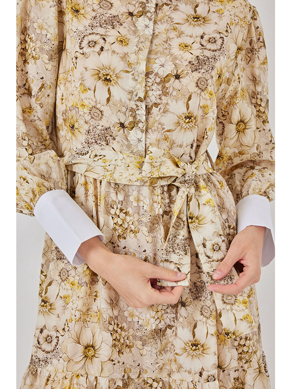 Kadın Kuşaklı Uzun Elbise 2584 - B.Sarı-4