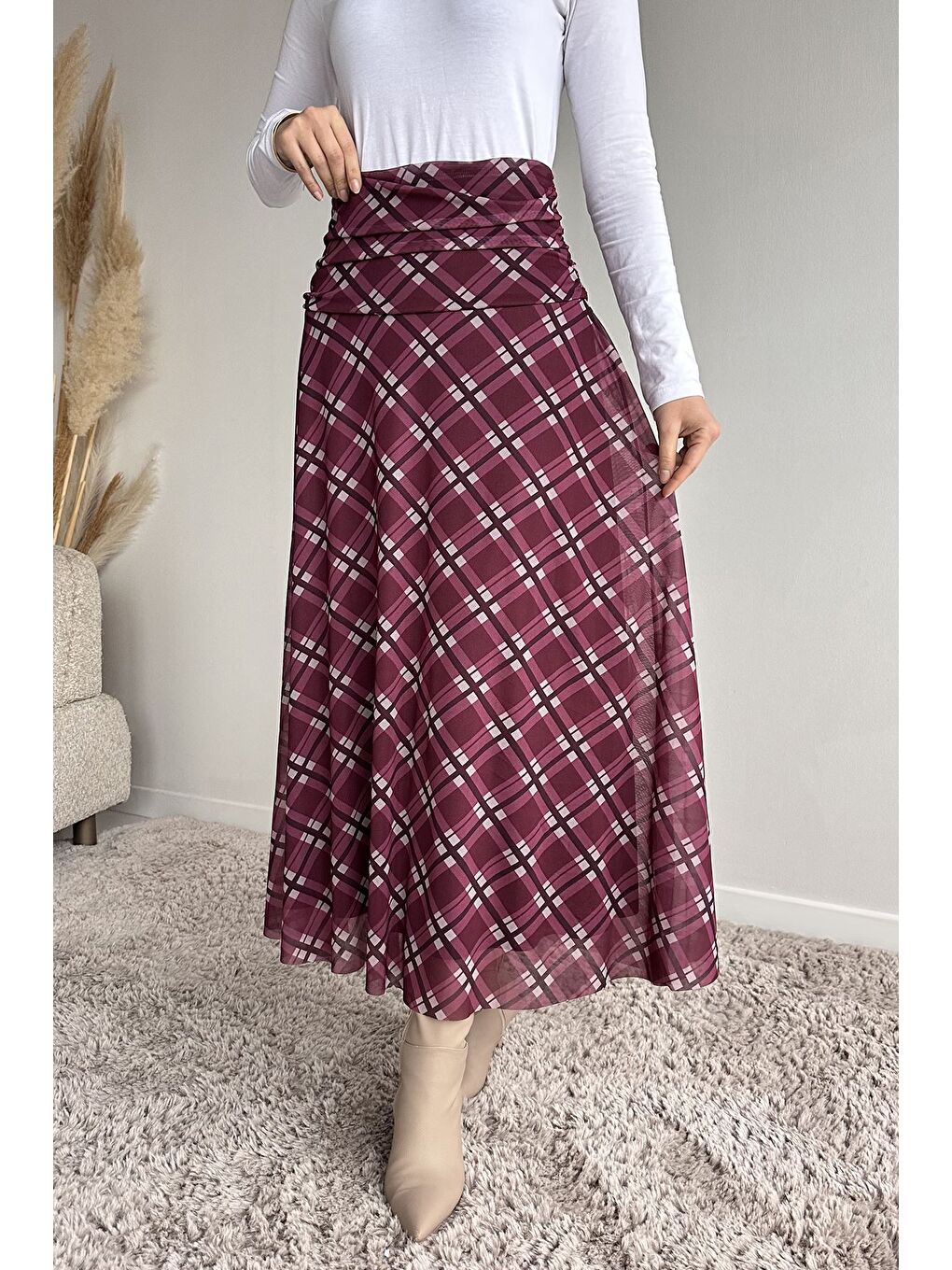 Bordo Bel Büzgü Detaylı Desenli Tesettür Kiloş Etek-4