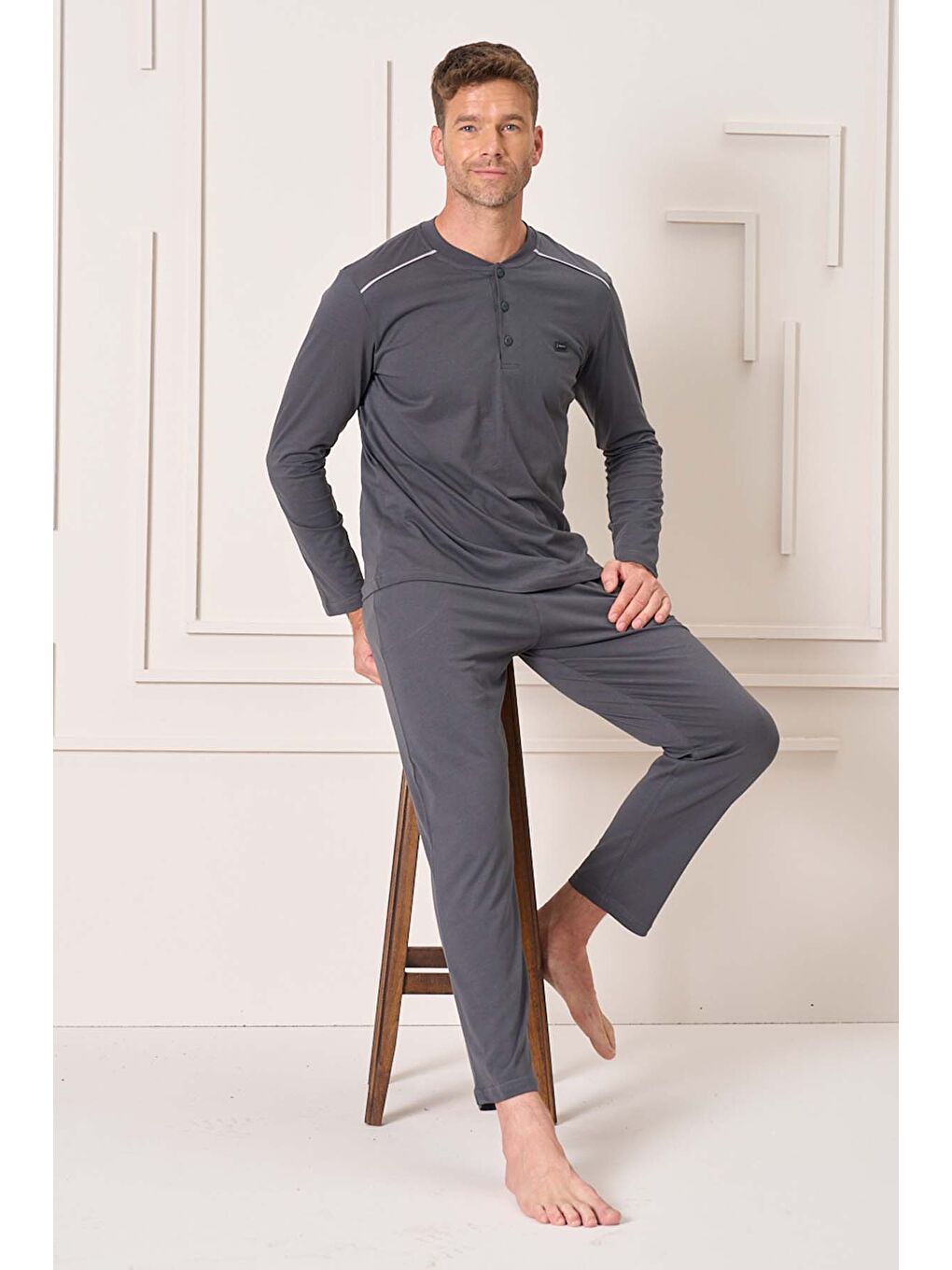 Gri Erkek Pamuk Uzun Kol Pijama Takımı 4108 Füme-2