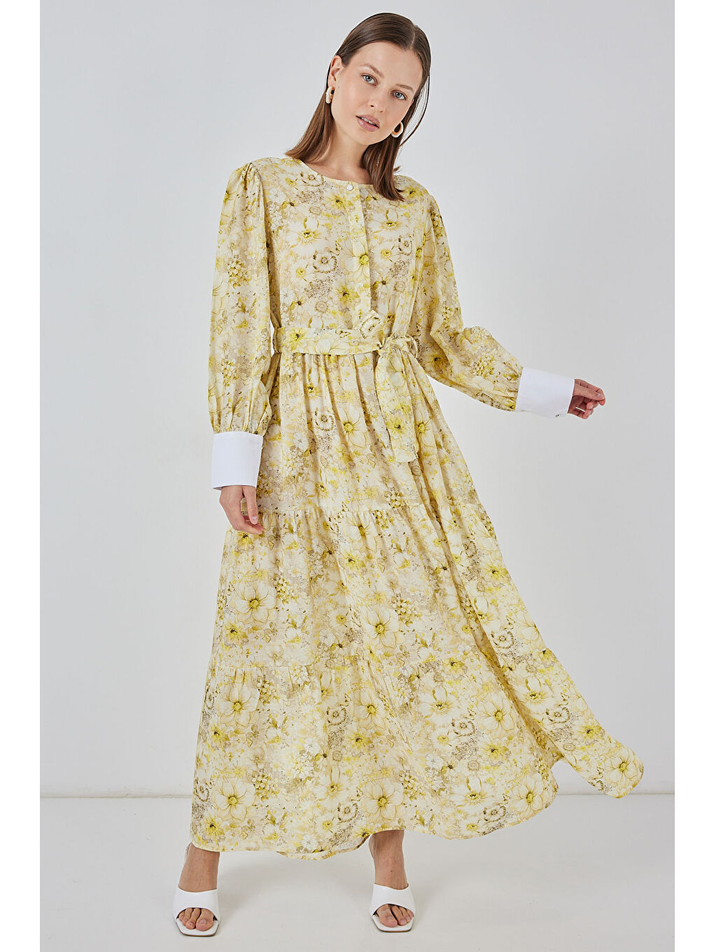 Kadın Kuşaklı Uzun Elbise 2584 - Sarı