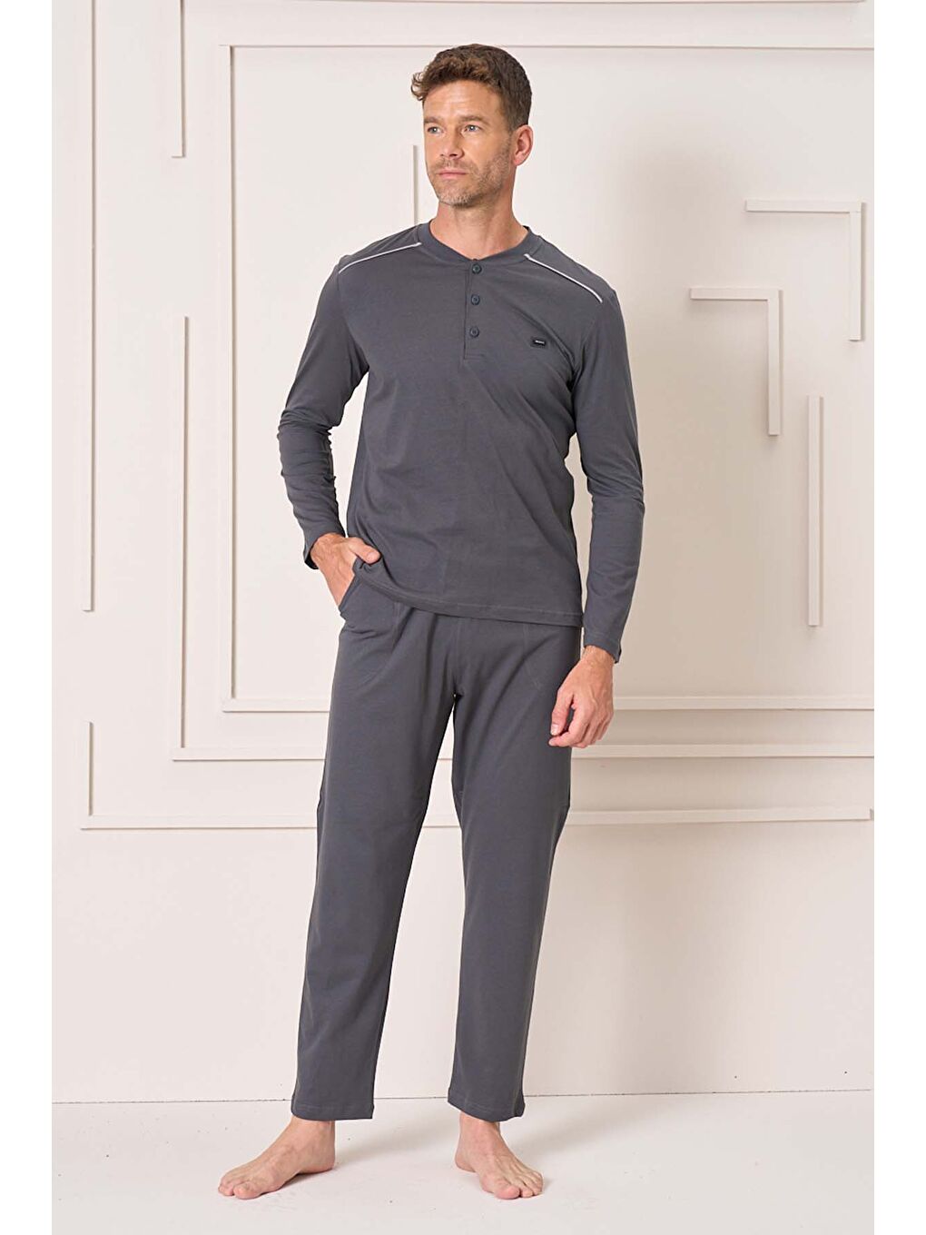Gri Erkek Pamuk Uzun Kol Pijama Takımı 4108 Füme-3