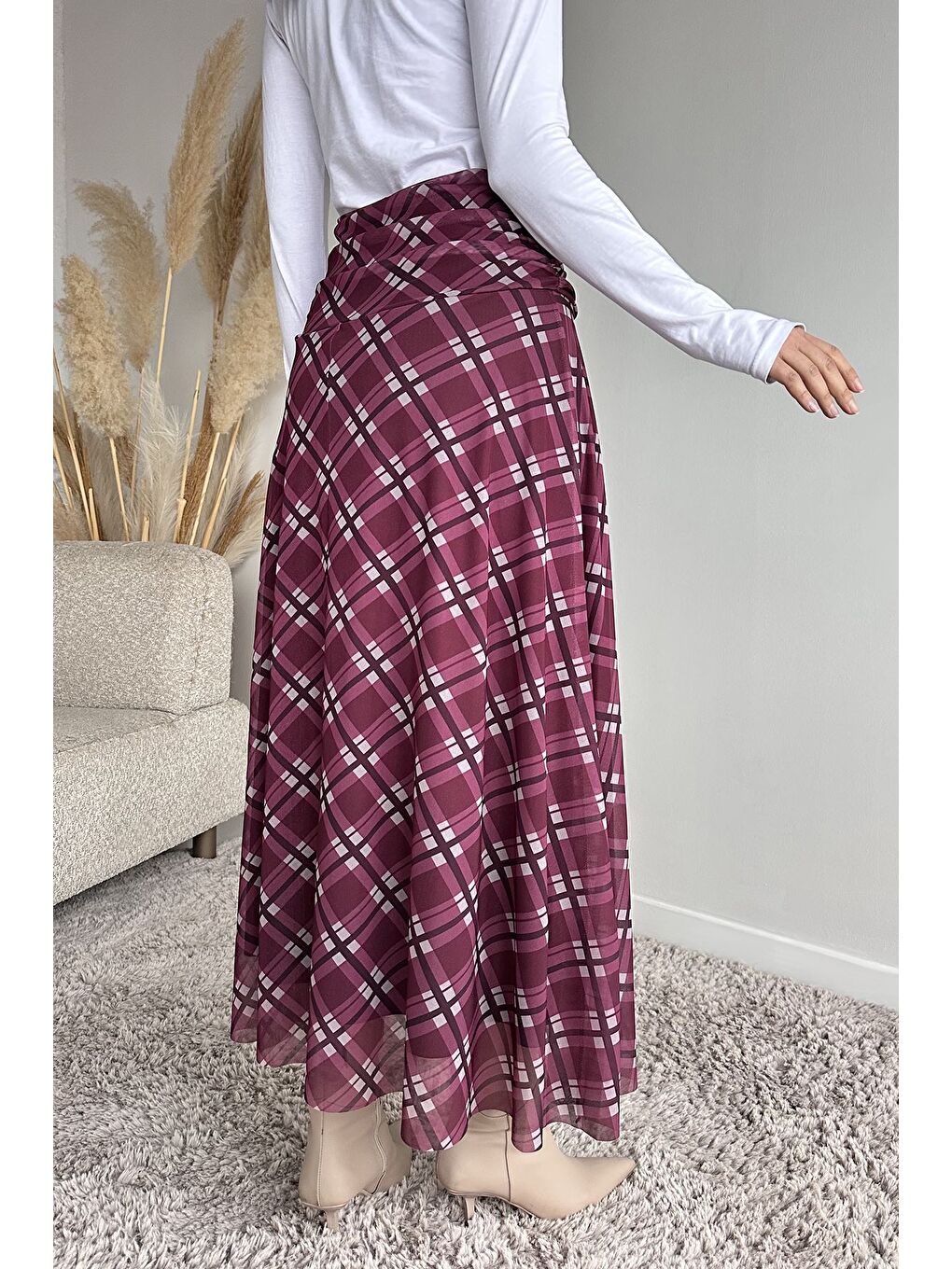 Bordo Bel Büzgü Detaylı Desenli Tesettür Kiloş Etek-6