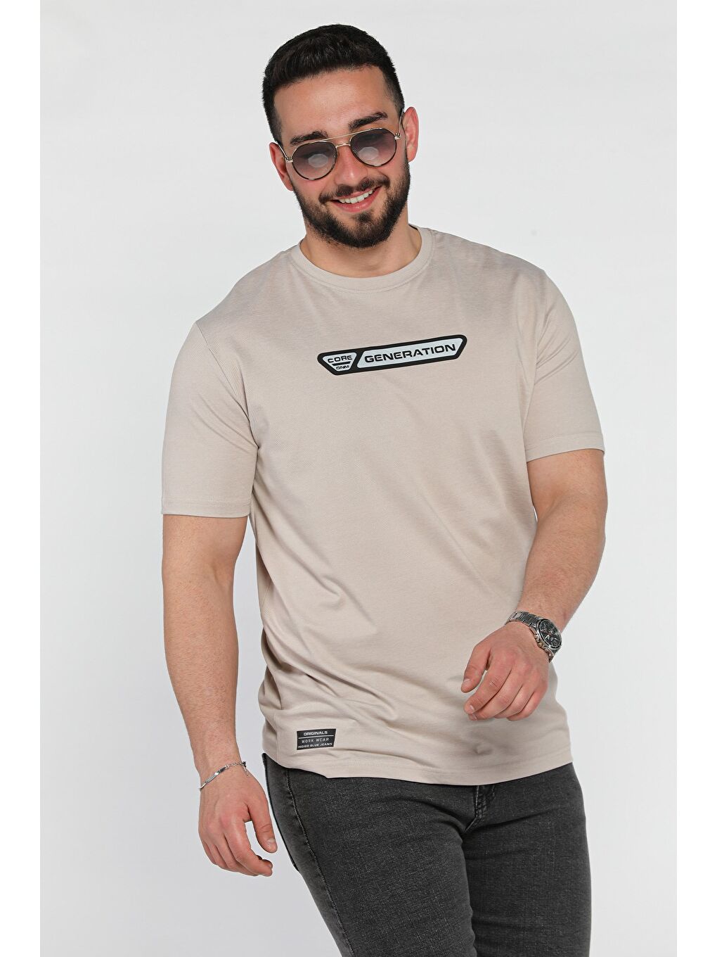 Bej Erkek Ön Baskılı Bisiklet Yaka Tişört-1