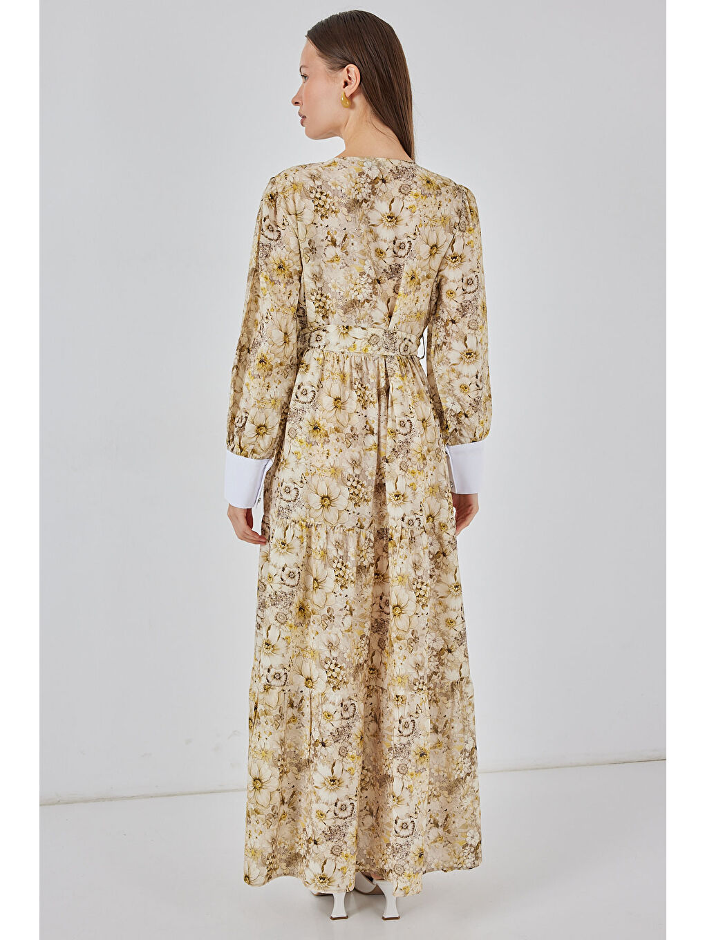 Kadın Kuşaklı Uzun Elbise 2584 - B.Sarı-5