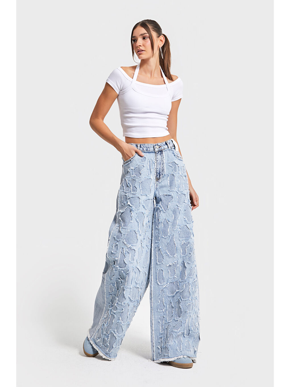 Mavi Kadın Ice Jean Rengi Yıpratma Detaylı Kumaş Özel Tasarım Palazzo Fit %100 Pamuk Denim Jean-3