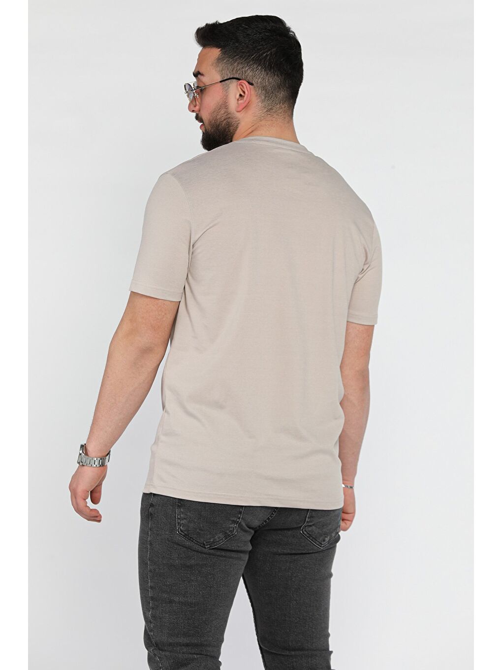 Bej Erkek Ön Baskılı Bisiklet Yaka Tişört-2