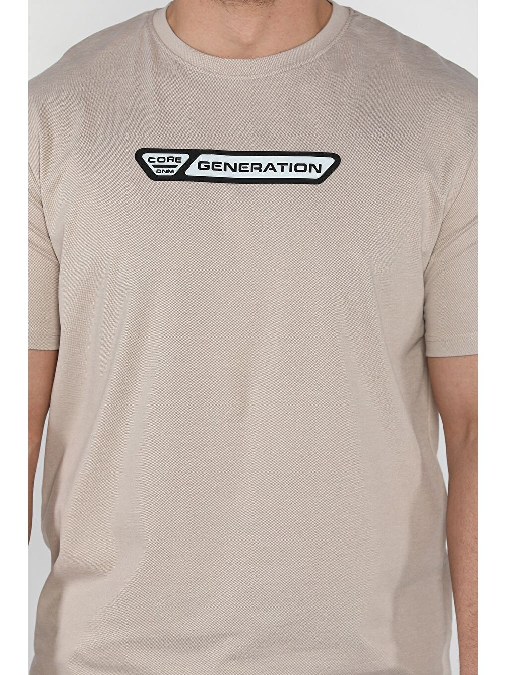 Bej Erkek Ön Baskılı Bisiklet Yaka Tişört-3