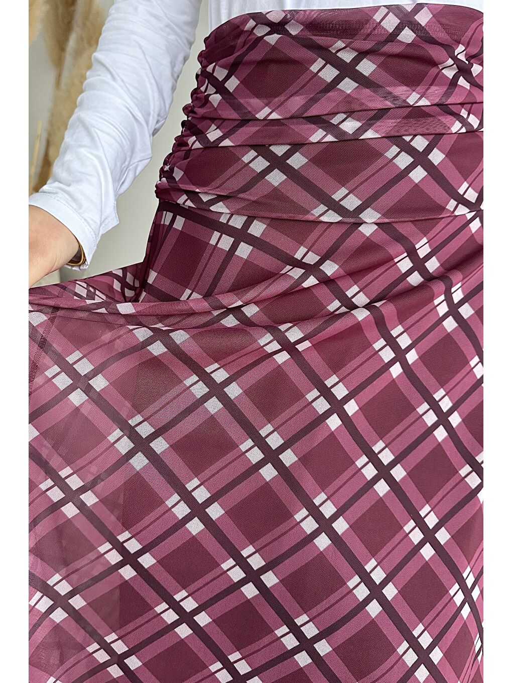 Bordo Bel Büzgü Detaylı Desenli Tesettür Kiloş Etek-9