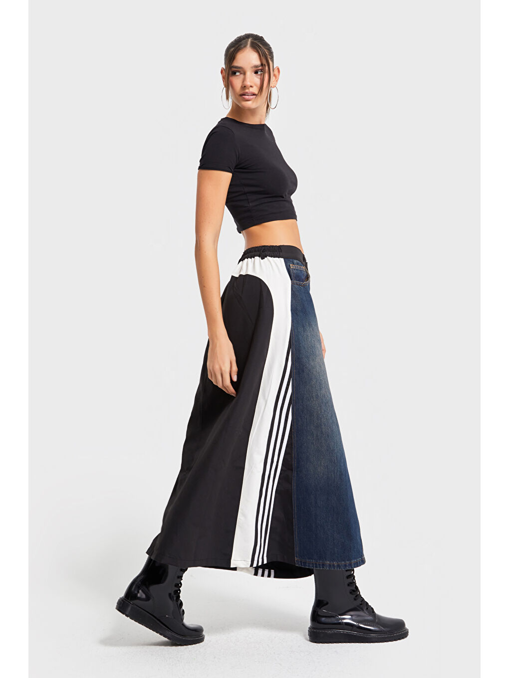 Mavi Kadın Jean Rengi Parçalı Kumaş A Tipi Kesim Şerit Detaylı Özel Tasarım Etek-1