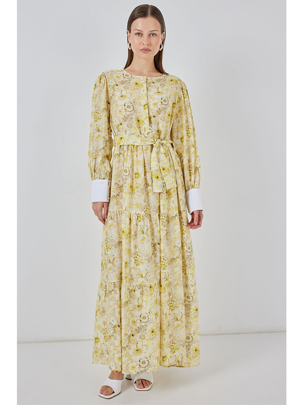 Kadın Kuşaklı Uzun Elbise 2584 - Sarı-2