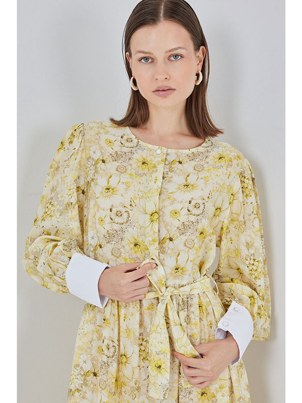 Kadın Kuşaklı Uzun Elbise 2584 - Sarı-3