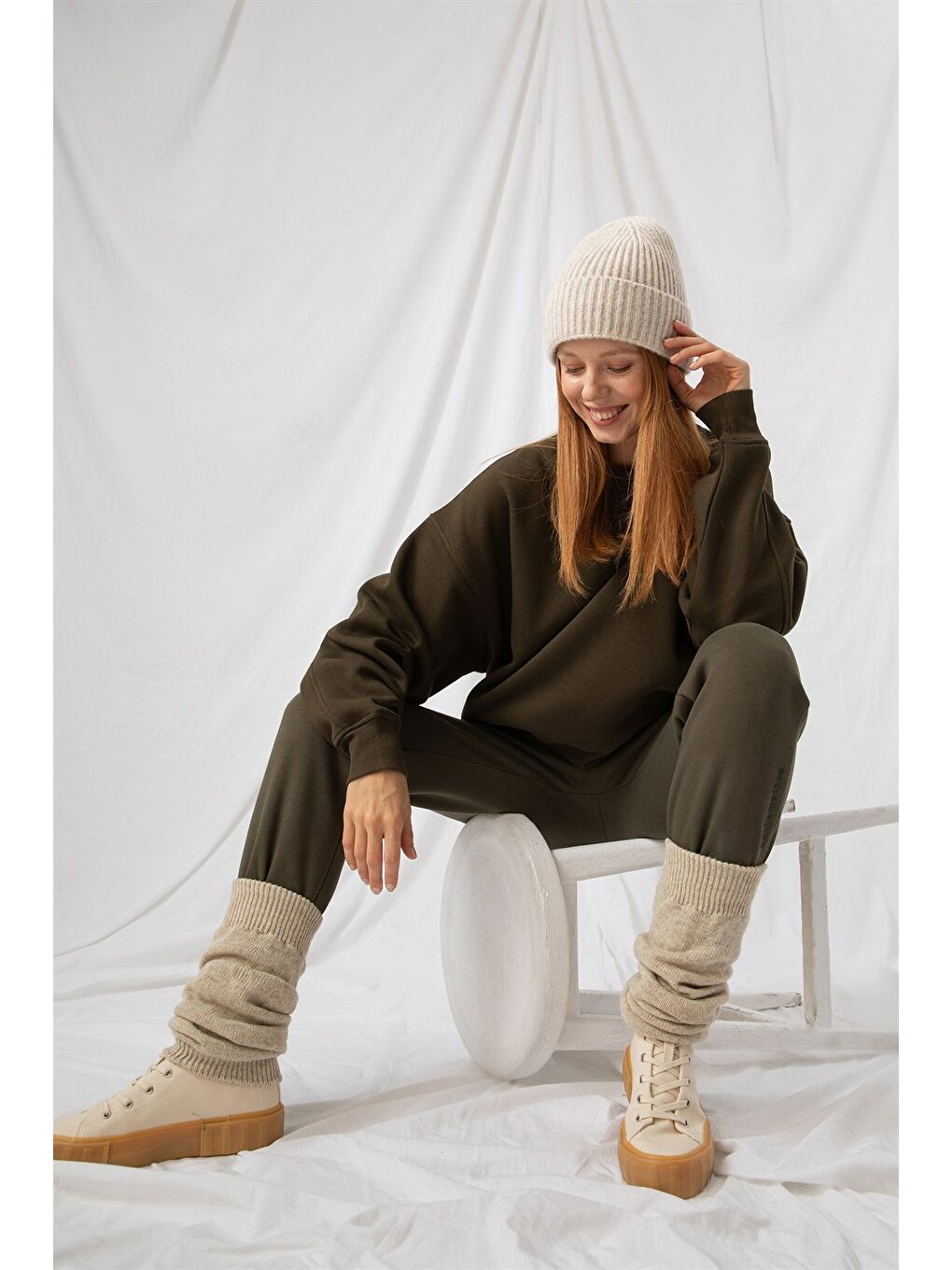 Kadın Vibe Oversize Haki Sweatshirt-3