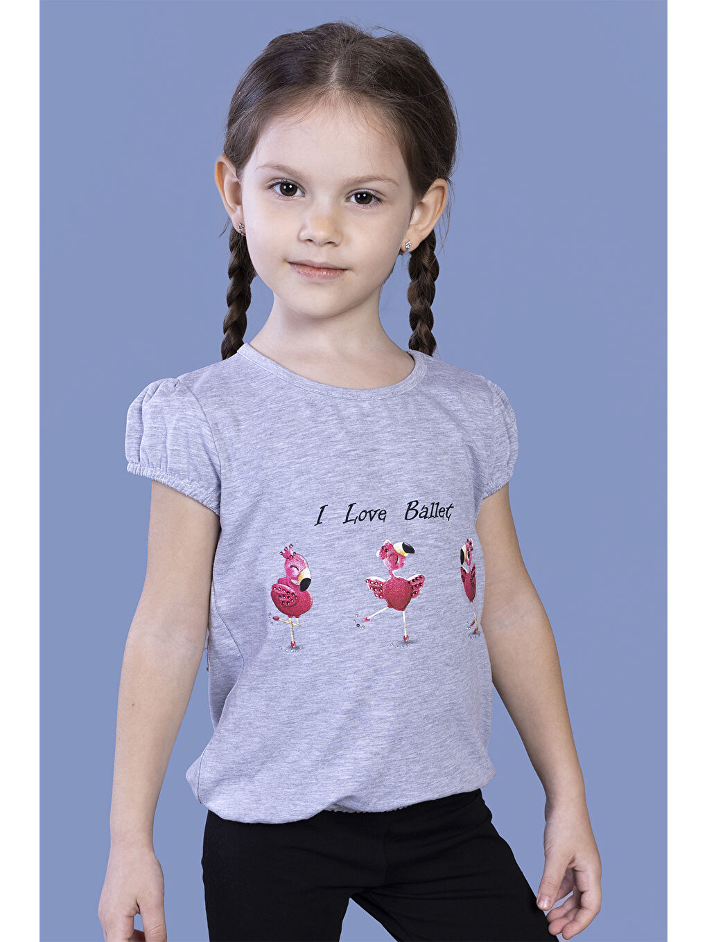 Gri Kız Çocuk Lastikli Büzgü Detaylı Baskılı Tişört