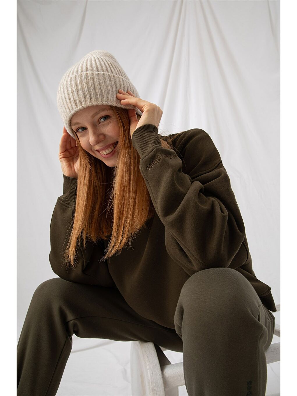 Kadın Vibe Oversize Haki Sweatshirt-4