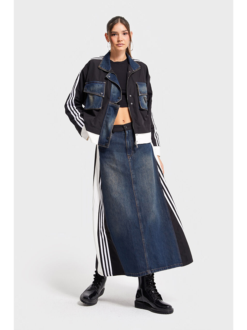 Mavi Kadın Jean Rengi Parçalı Kumaş A Tipi Kesim Şerit Detaylı Özel Tasarım Etek-2