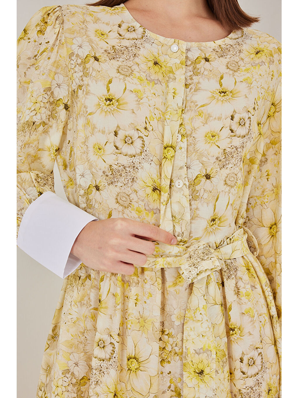 Kadın Kuşaklı Uzun Elbise 2584 - Sarı-4